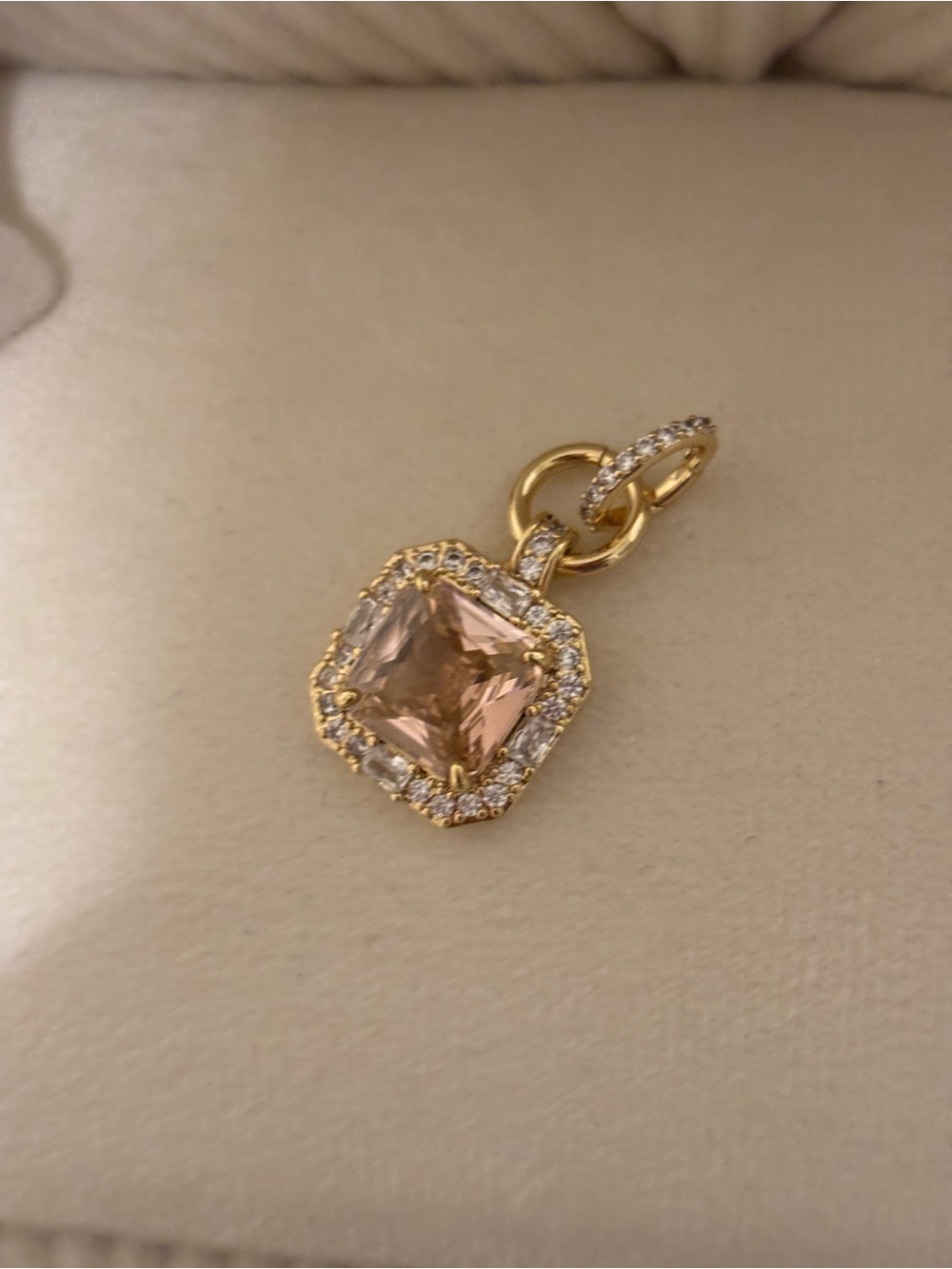 Gold-Plated Pink Square Crystal Pendant with Halo Accent